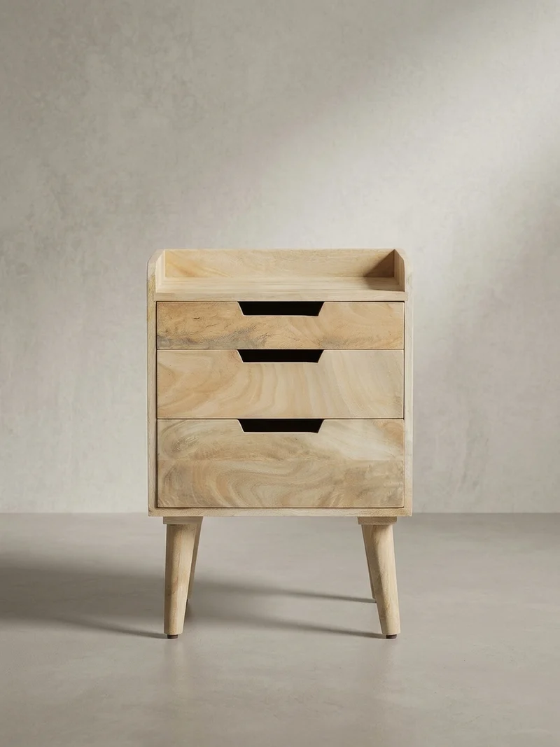 Nachttisch – Mango Massivholz, 45x33x63 cm, Hellbraun, 3 Schubladen, Ablage