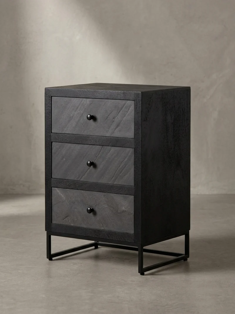 Nachttisch Massivholz Steinoptik 3 Schubladen Metallgestell