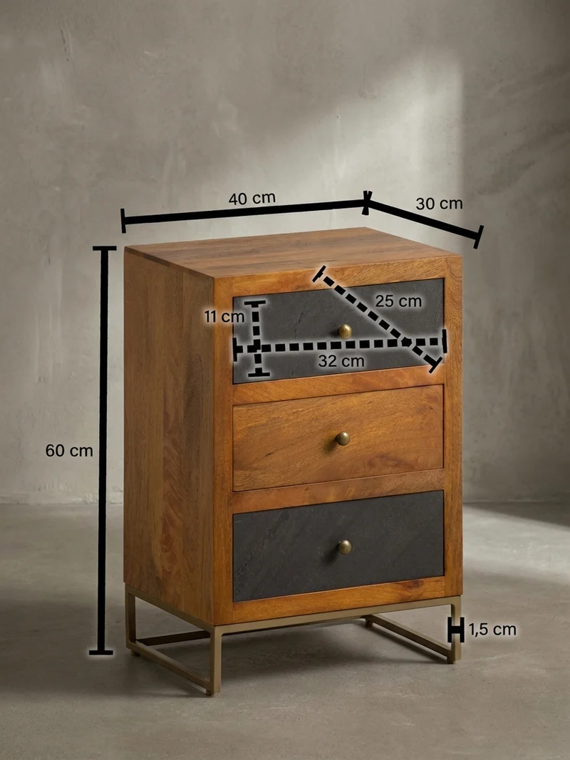 Nachttisch Massivholz Steinoptik 3 Schubladen Metallgestell