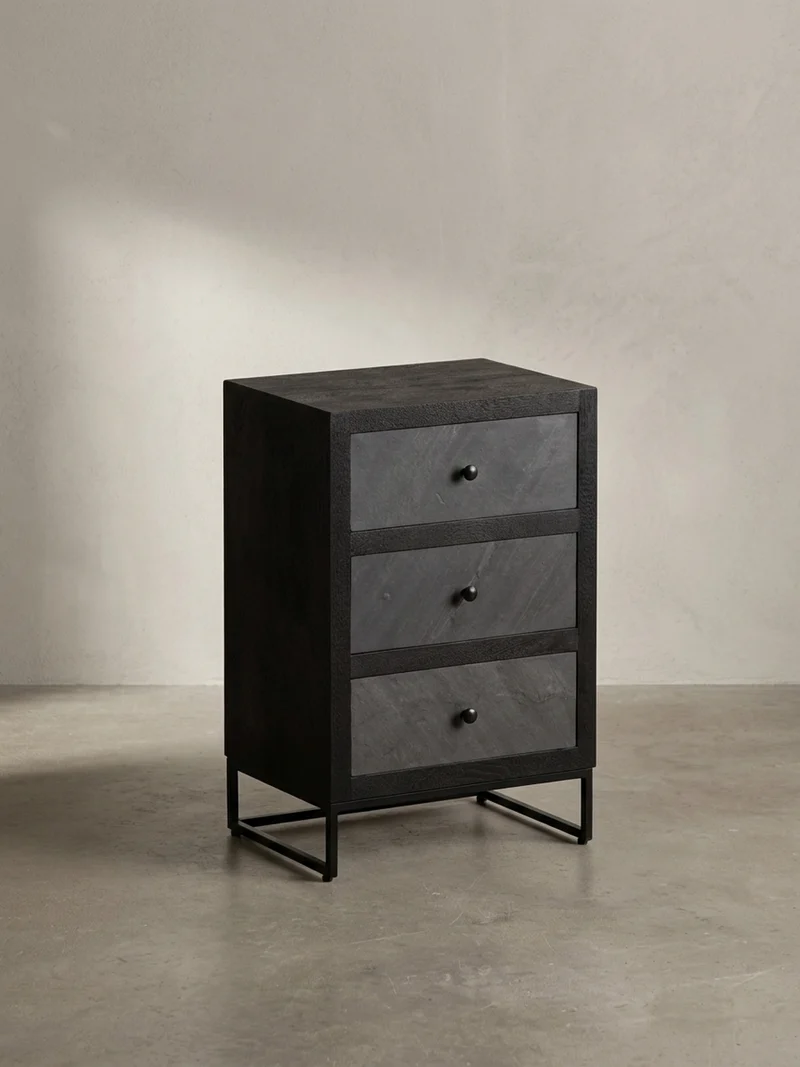 Nachttisch Massivholz Steinoptik 3 Schubladen Metallgestell