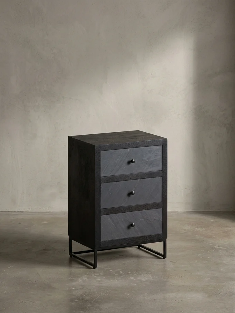 Nachttisch Massivholz Steinoptik 3 Schubladen Metallgestell