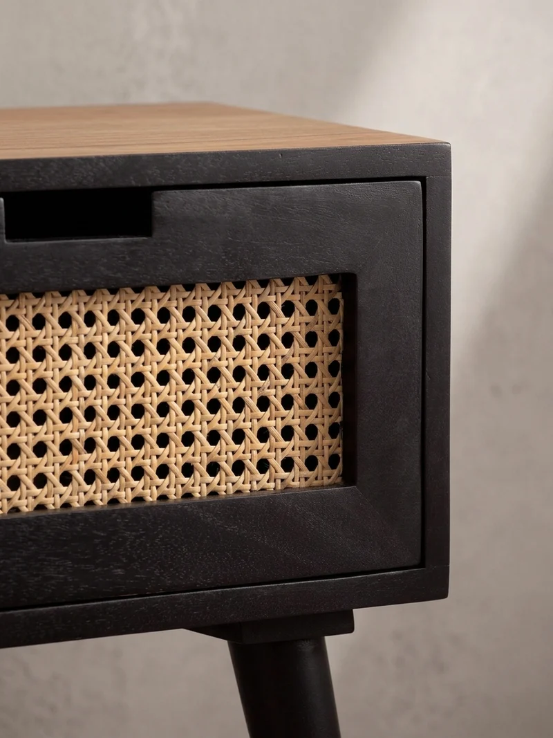 Nachttisch – Mango Massivholz/Rattan, 40x60x30 cm, Schwarz, 1 Schublade, Wiener Geflecht