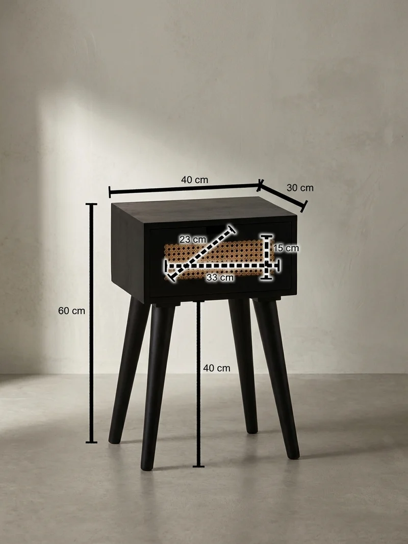 Nachttisch – Mango Massivholz/Rattan, 40x60x30 cm, Schwarz, 1 Schublade, Wiener Geflecht