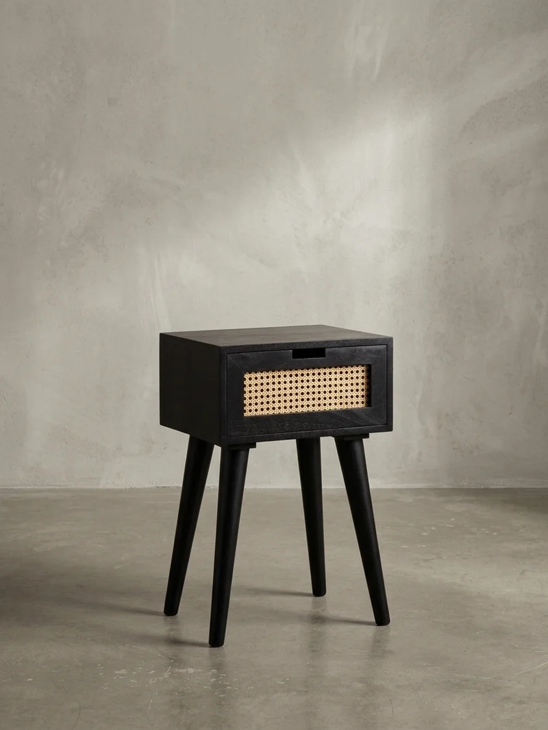 Nachttisch – Mango Massivholz/Rattan, 40x60x30 cm, Schwarz, 1 Schublade, Wiener Geflecht