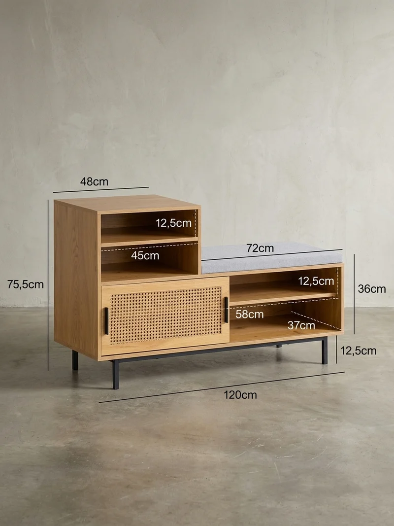 Schuhbank – Eiche-Dekor, 120x75,5x40 cm, Rattan-Elemente, Sitzbank gepolstert