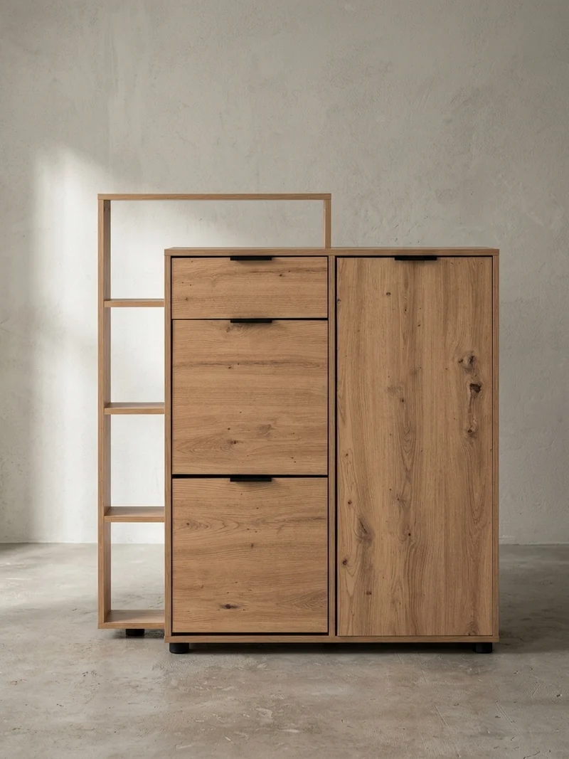 Schuhschrank – Eiche-Dekor, 98x110x30 cm, geschlossen, mit Schublade