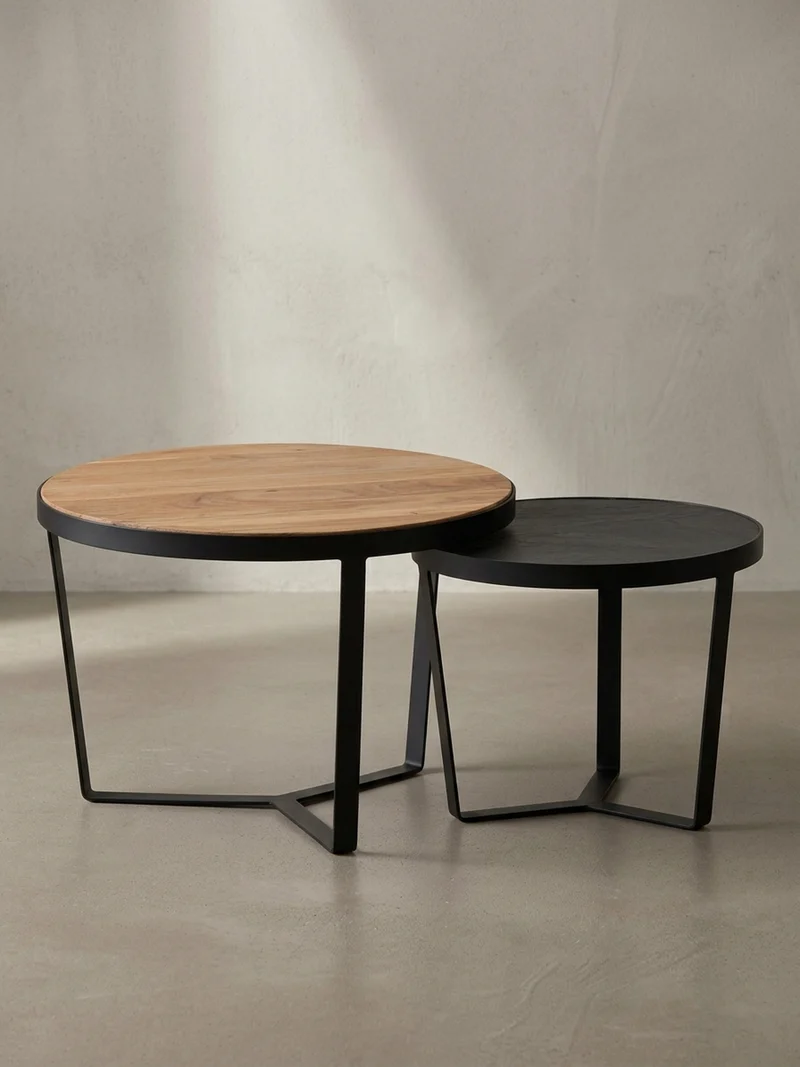 Couchtisch Set rund – Akazie Massivholz, Steinoptik, Metallgestell, Braun-Anthrazit