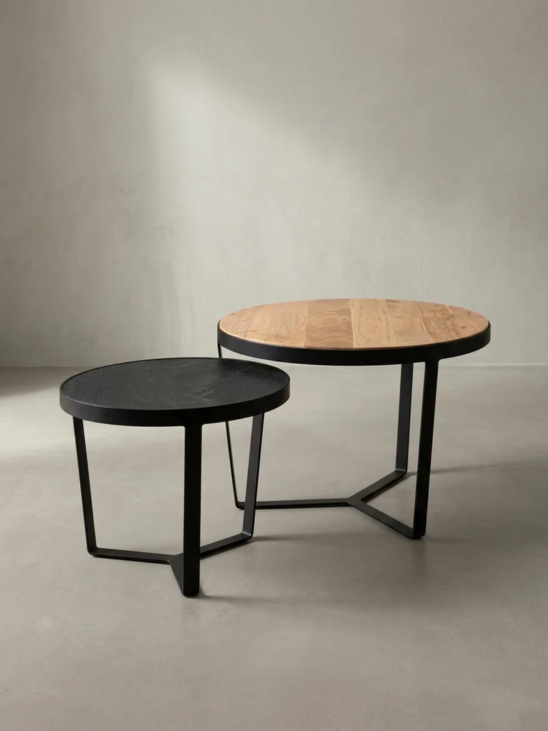 Couchtisch Set rund – Akazie Massivholz, Steinoptik, Metallgestell, Braun-Anthrazit