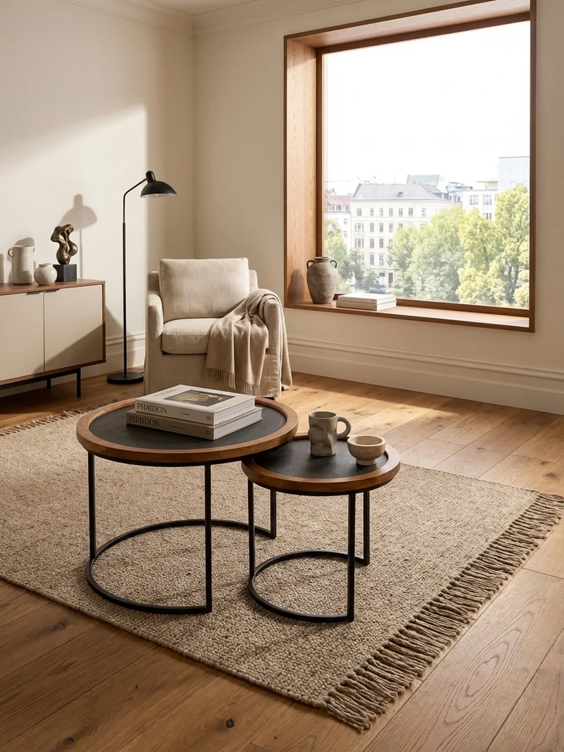 Couchtisch Set – 2-teilig Rund Mango Massivholz Steinoptik Metall Braun Anthrazit