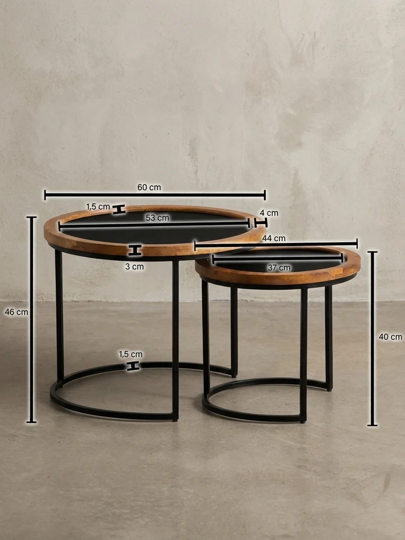 Couchtisch Set – 2-teilig Rund Mango Massivholz Steinoptik Metall Braun Anthrazit