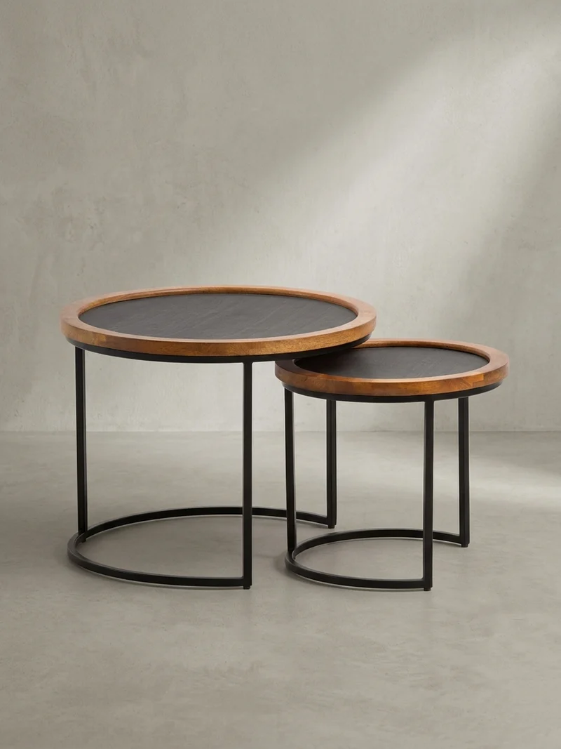 Couchtisch Set – 2-teilig Rund Mango Massivholz Steinoptik Metall Braun Anthrazit
