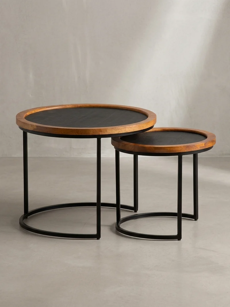 Couchtisch Set – 2-teilig Rund Mango Massivholz Steinoptik Metall Braun Anthrazit