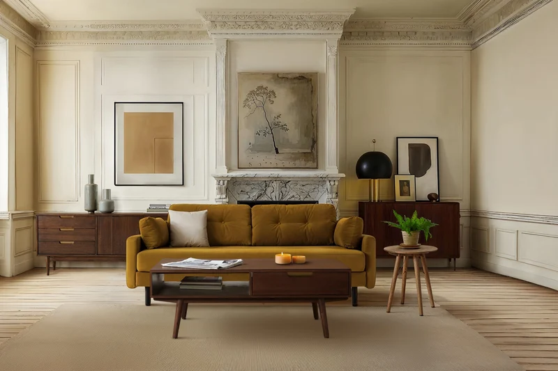 Model 04 Dreisitzer-Schlafsofa, Senfgelb