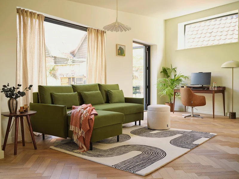 Model 12 Dreisitzer-Schlafsofa mit Chaiselongue links, Laubgrün