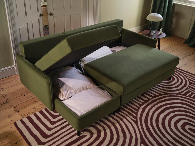 Model 12 Dreisitzer-Schlafsofa mit Chaiselongue links, Laubgrün