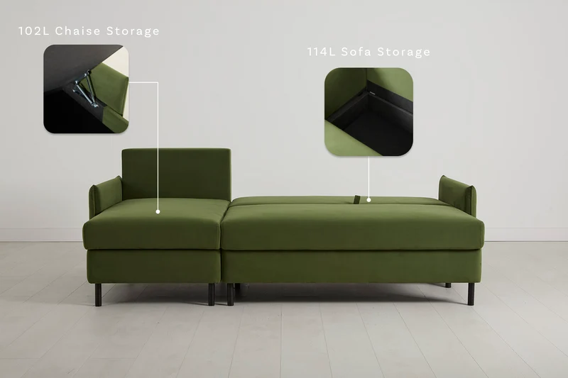 Model 12 Dreisitzer-Schlafsofa mit Chaiselongue links, Laubgrün