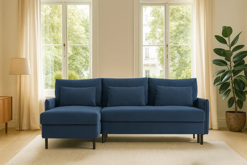 Model 12 Dreisitzer-Schlafsofa mit Chaiselongue links, Blaugrün