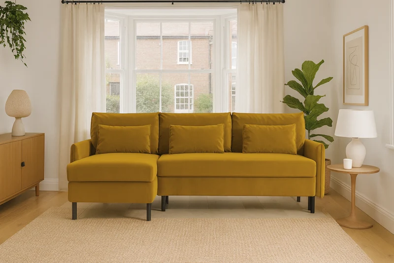 Model 12 Dreisitzer-Schlafsofa mit Chaiselongue links, Senfgelb
