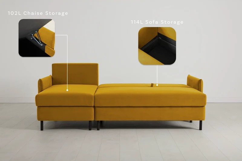 Model 12 Dreisitzer-Schlafsofa mit Chaiselongue links, Senfgelb