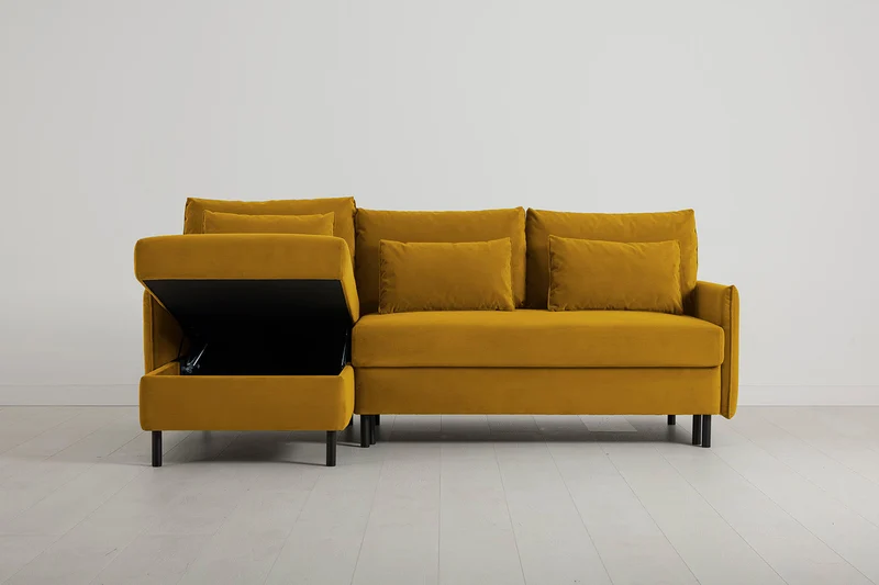 Model 12 Dreisitzer-Schlafsofa mit Chaiselongue links, Senfgelb