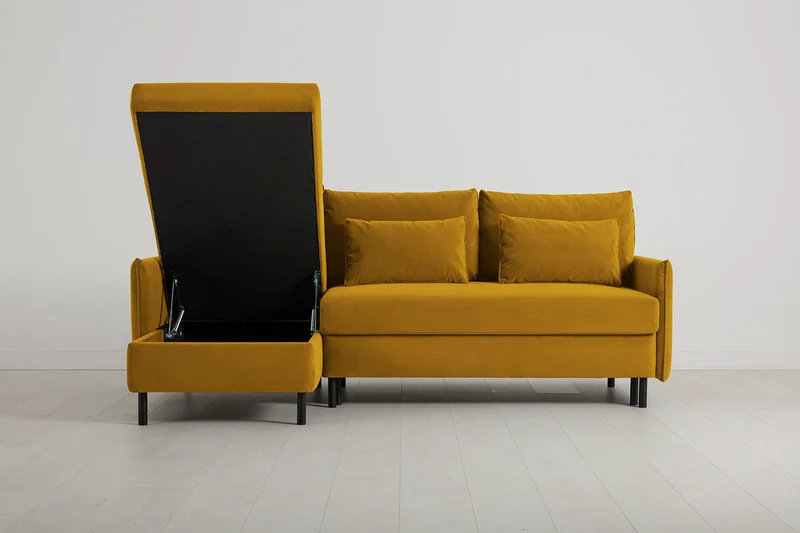Model 12 Dreisitzer-Schlafsofa mit Chaiselongue links, Senfgelb