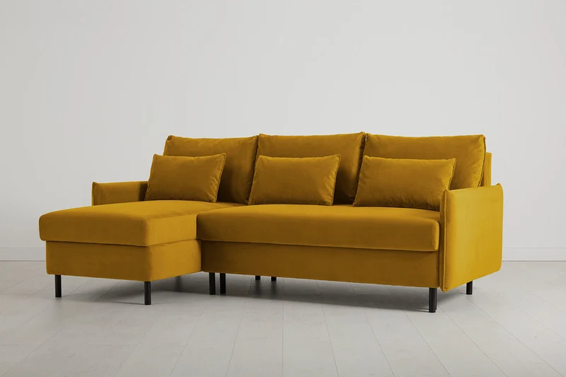 Model 12 Dreisitzer-Schlafsofa mit Chaiselongue links, Senfgelb