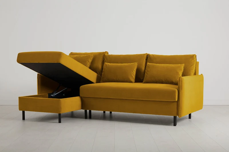 Model 12 Dreisitzer-Schlafsofa mit Chaiselongue links, Senfgelb