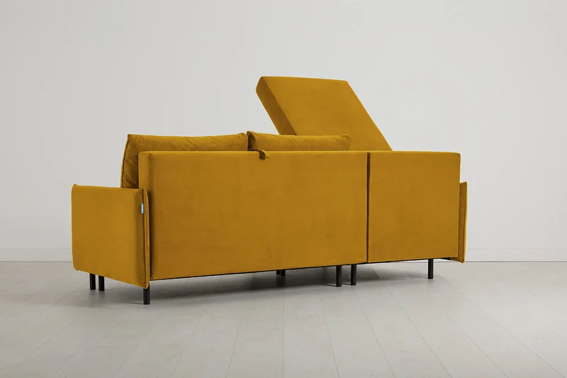 Model 12 Dreisitzer-Schlafsofa mit Chaiselongue links, Senfgelb