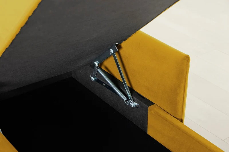 Model 12 Dreisitzer-Schlafsofa mit Chaiselongue links, Senfgelb