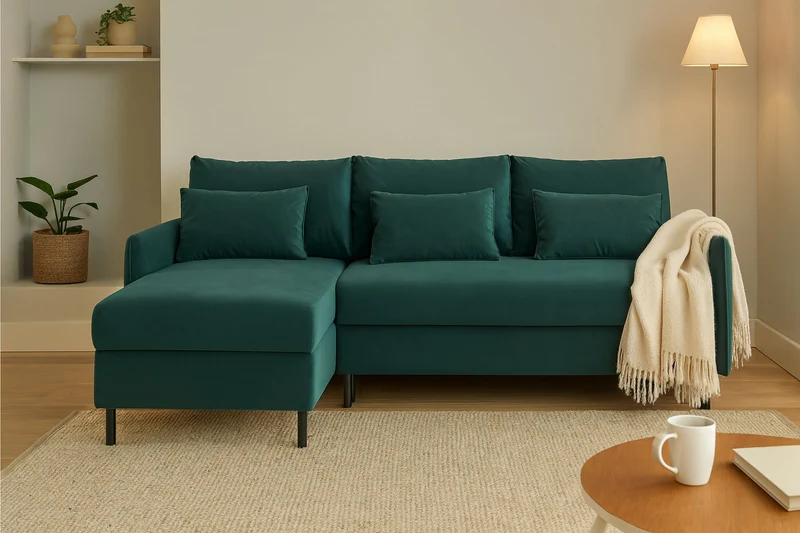 Model 12 Dreisitzer-Schlafsofa mit Chaiselongue links, Eisvogelblau