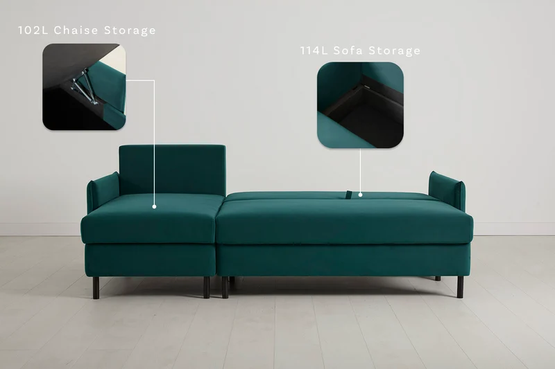Model 12 Dreisitzer-Schlafsofa mit Chaiselongue links, Eisvogelblau