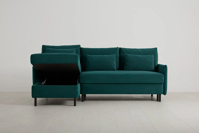 Model 12 Dreisitzer-Schlafsofa mit Chaiselongue links, Eisvogelblau