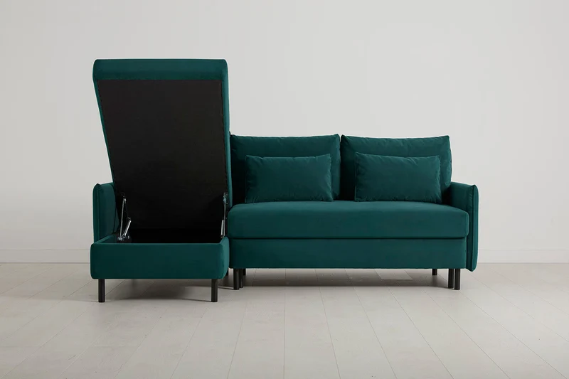 Model 12 Dreisitzer-Schlafsofa mit Chaiselongue links, Eisvogelblau