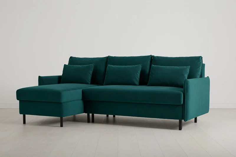 Model 12 Dreisitzer-Schlafsofa mit Chaiselongue links, Eisvogelblau