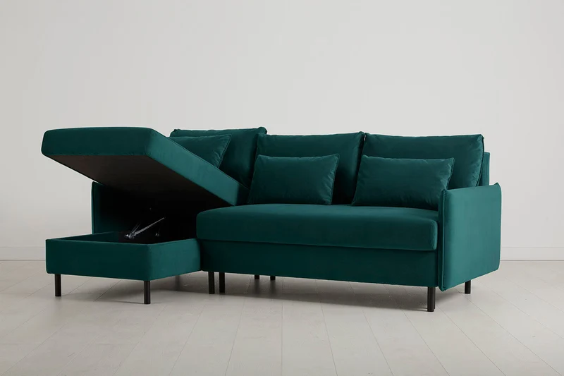 Model 12 Dreisitzer-Schlafsofa mit Chaiselongue links, Eisvogelblau