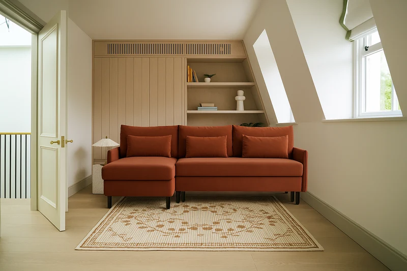Model 12 Dreisitzer-Schlafsofa mit Chaiselongue links, Ziegelrot