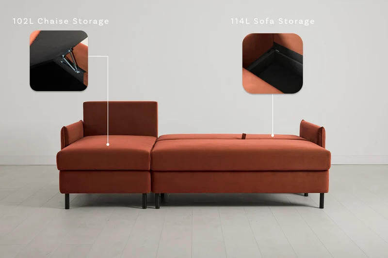 Model 12 Dreisitzer-Schlafsofa mit Chaiselongue links, Ziegelrot
