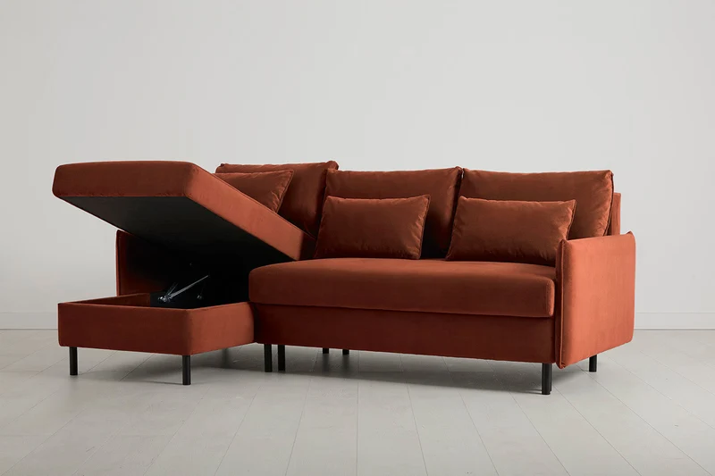 Model 12 Dreisitzer-Schlafsofa mit Chaiselongue links, Ziegelrot