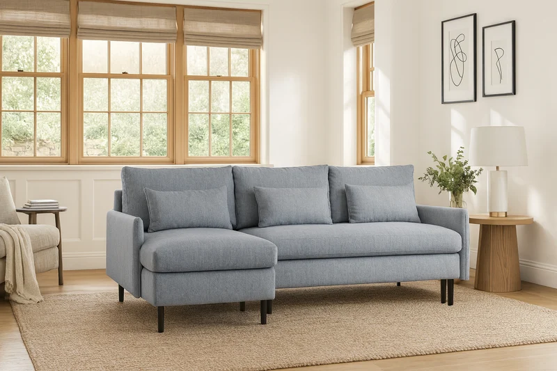 Model 12 Dreisitzer-Schlafsofa mit Chaiselongue links, Meerglasblau