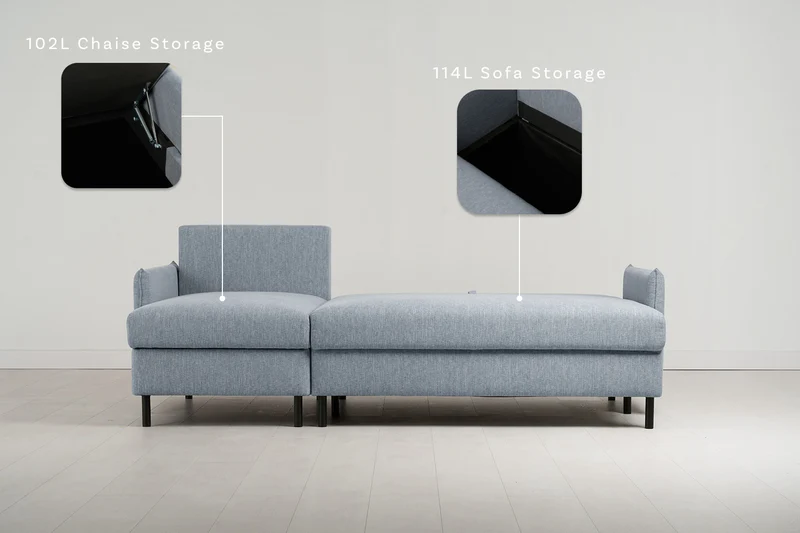 Model 12 Dreisitzer-Schlafsofa mit Chaiselongue links, Meerglasblau