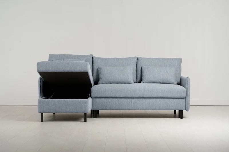 Model 12 Dreisitzer-Schlafsofa mit Chaiselongue links, Meerglasblau
