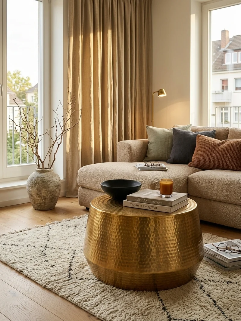 Couchtisch orientalisch Aluminium Hammerschlagstruktur mit praktischer Ablage
