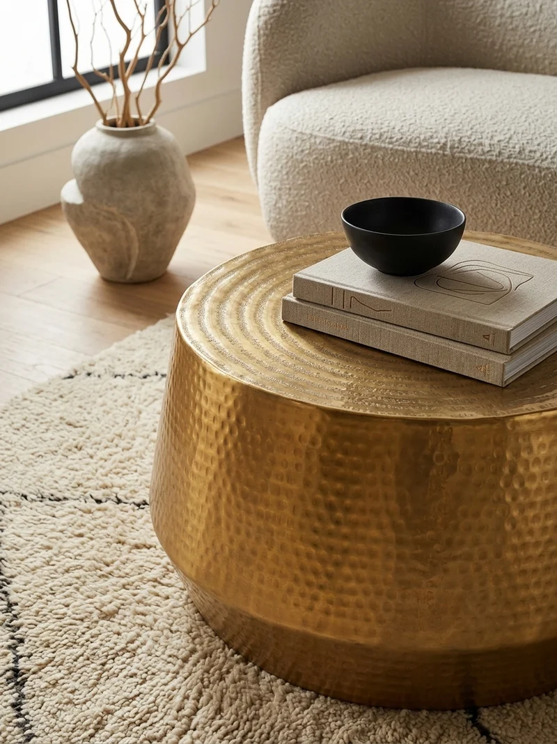 Couchtisch orientalisch Aluminium Hammerschlagstruktur mit praktischer Ablage
