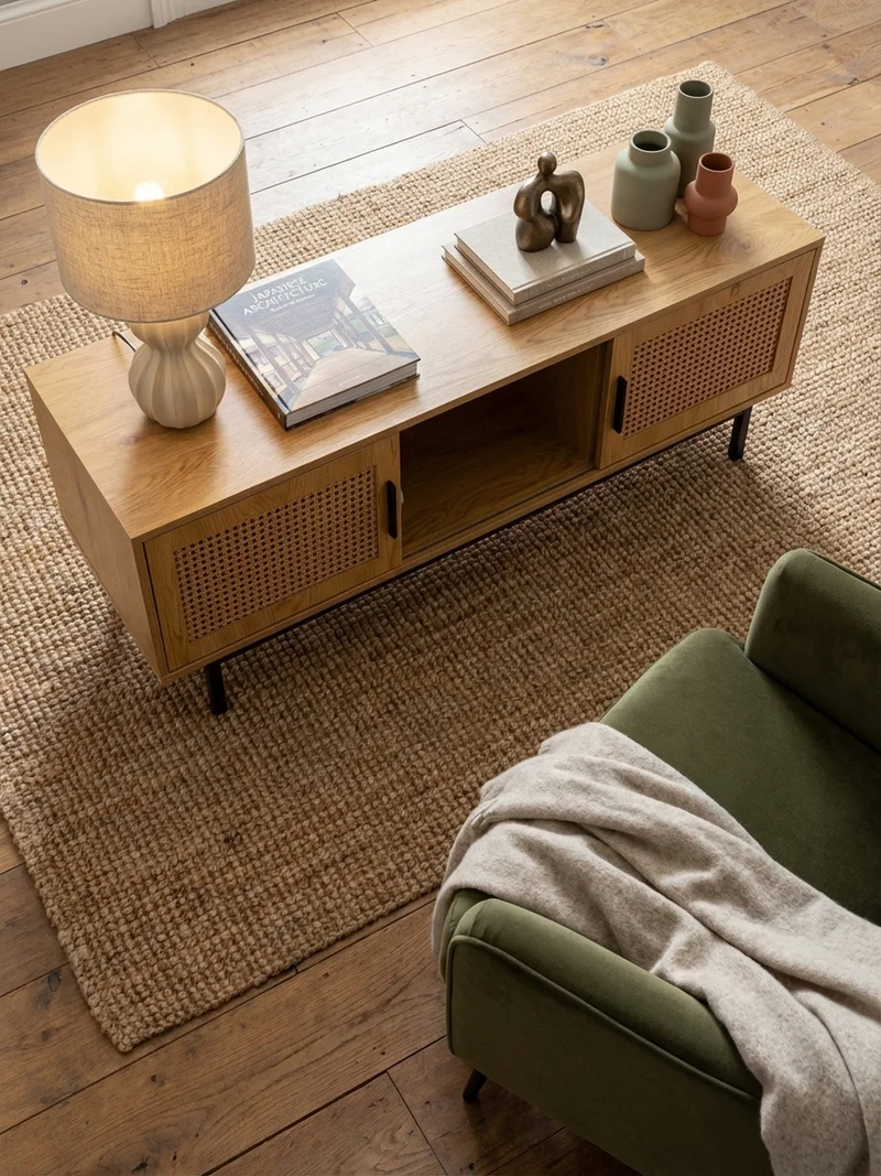 Lowboard Eiche-Dekor Zeitloser Stil 120x45,5x40 cm mit Wiener Geflecht und Schiebetüren