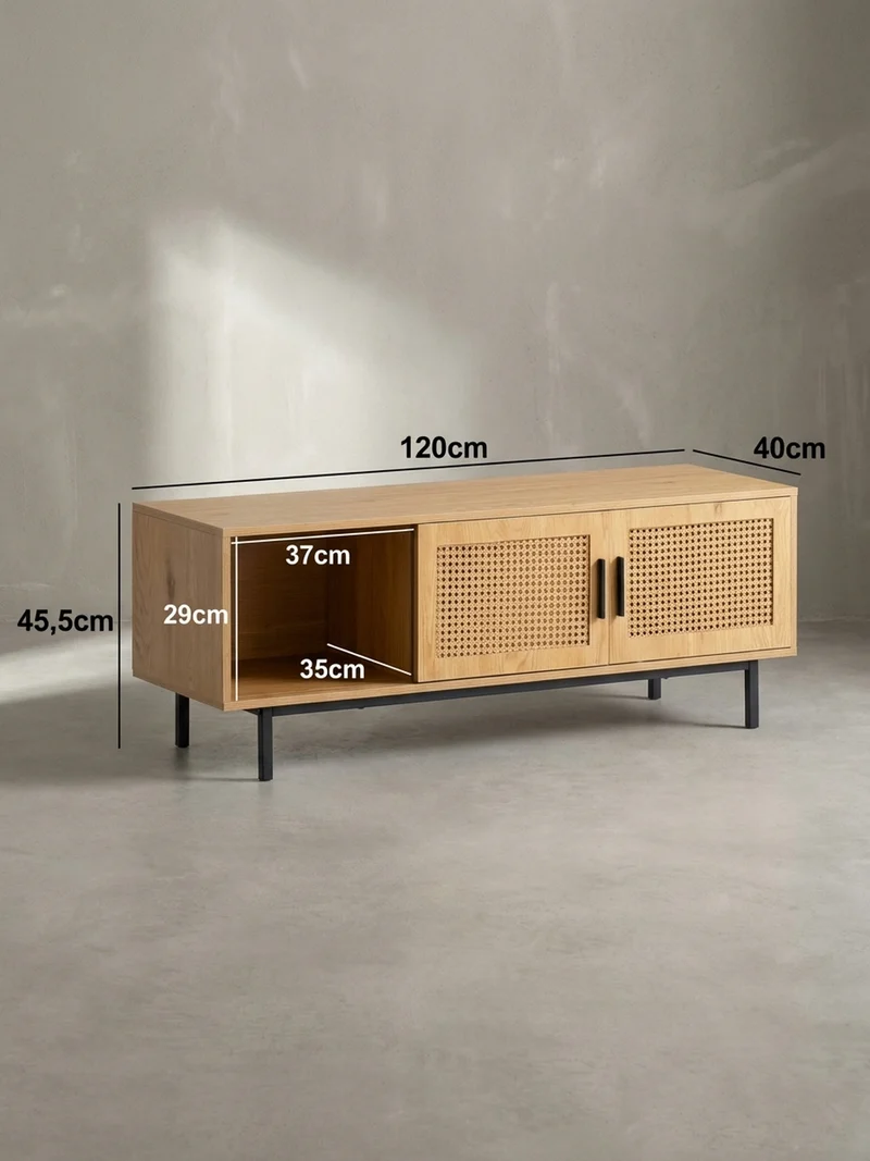 Lowboard Eiche-Dekor Zeitloser Stil 120x45,5x40 cm mit Wiener Geflecht und Schiebetüren