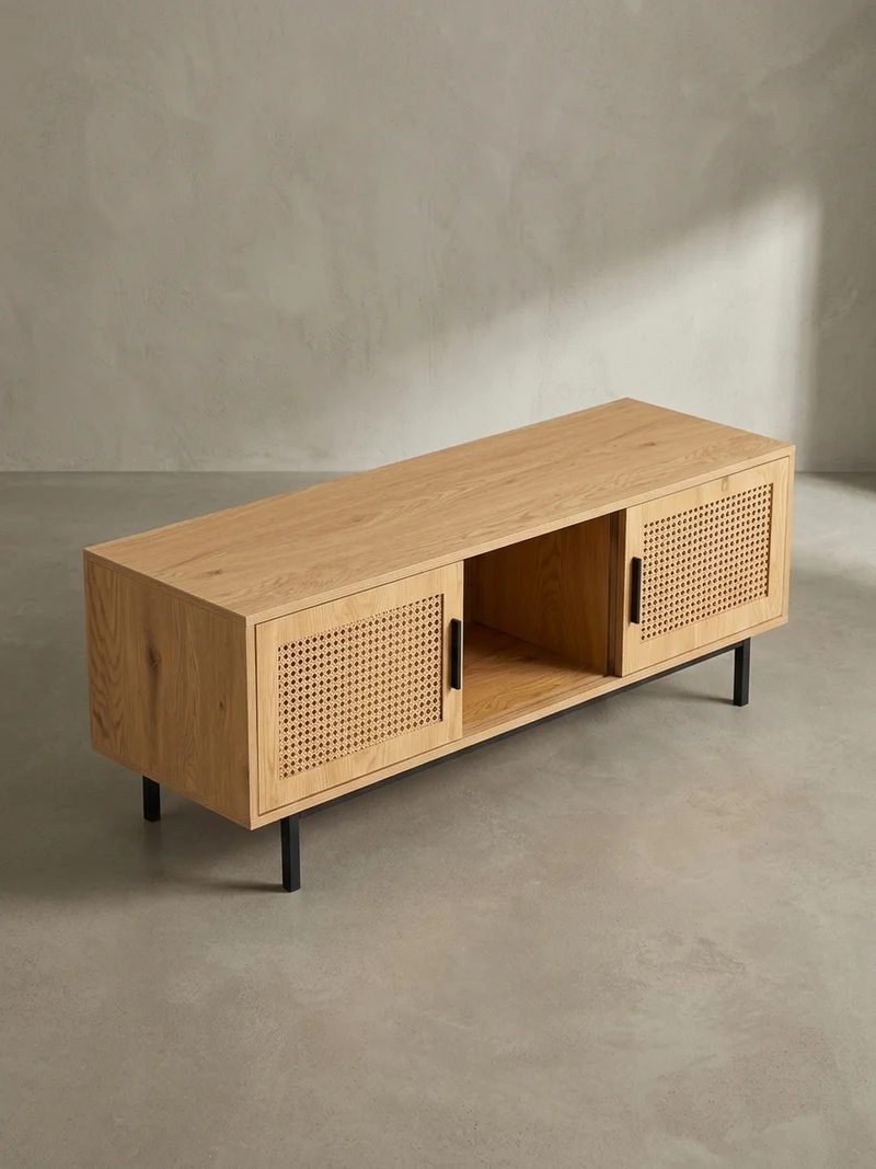 Lowboard Eiche-Dekor Zeitloser Stil 120x45,5x40 cm mit Wiener Geflecht und Schiebetüren