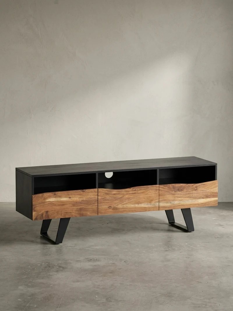 Lowboard Akazie Massivholz Modern Stil 140x50x40 cm Baumkante mit Schublade und Türen