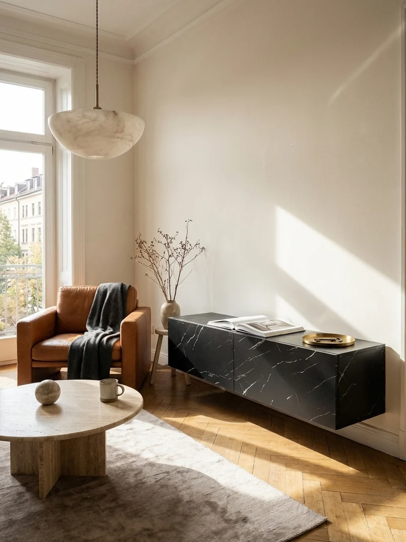 TV-Lowboard hängend, Marmor-Optik, Klapptüren, modern