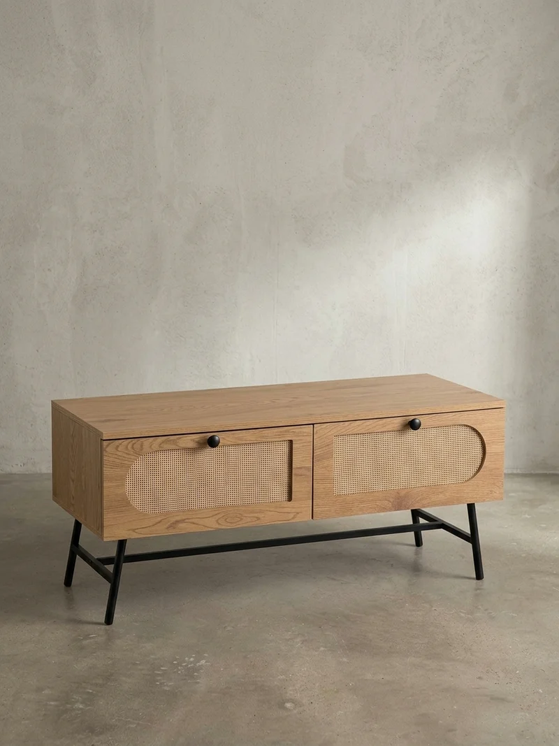 Lowboard Eiche-Dekor Rattan Modern Stil 100x45x40 cm mit Schubladen