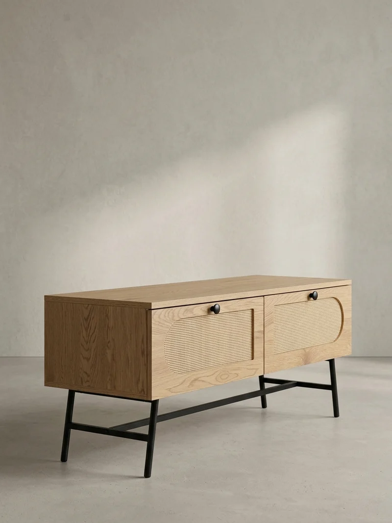 Lowboard Eiche-Dekor Rattan Modern Stil 100x45x40 cm mit Schubladen